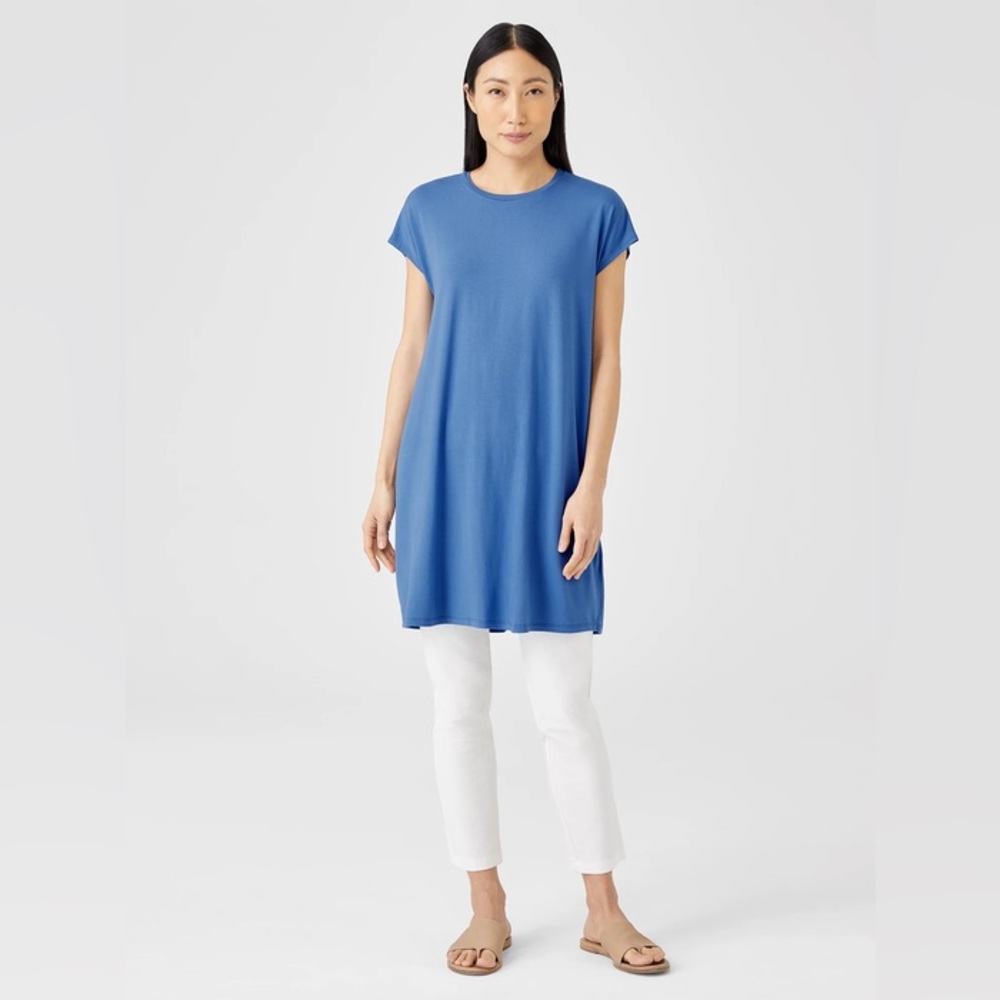 Eileen Fisher Jersey Knit Tunic Dress Relaxed Lagenlook Minimalist Soft Girl